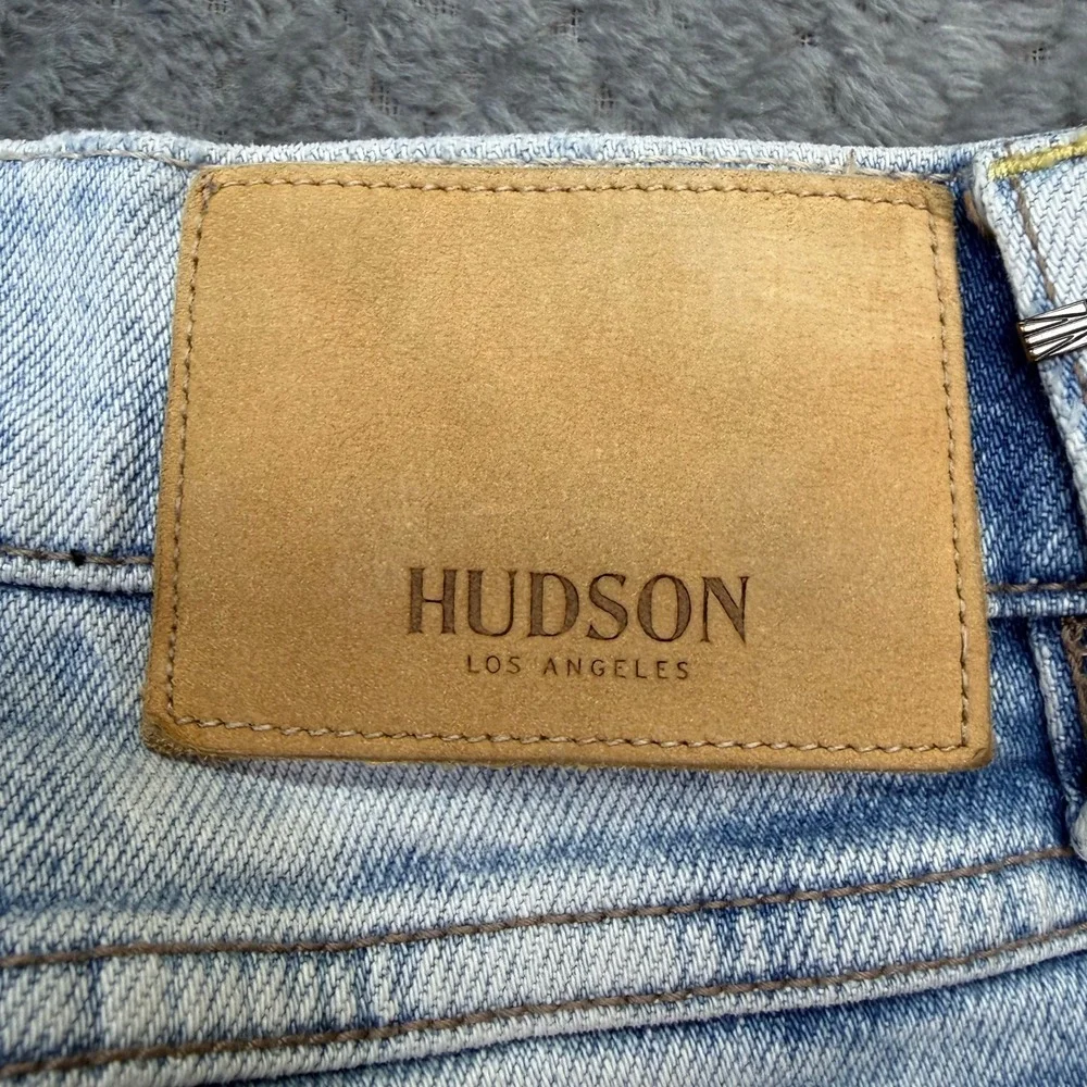 Hudson Jeans Mens 32x28 Distressed Light Wash Blue Denim Button Fly Raw Hem Moto